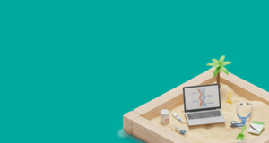 Sandkiste am Rand des Bildes mit Sandspielzeugen wie medizinischen Gegenständen wie Stethoskop, Spritze etc. und ein Laptop mit DNA-Sequenz auf Screen