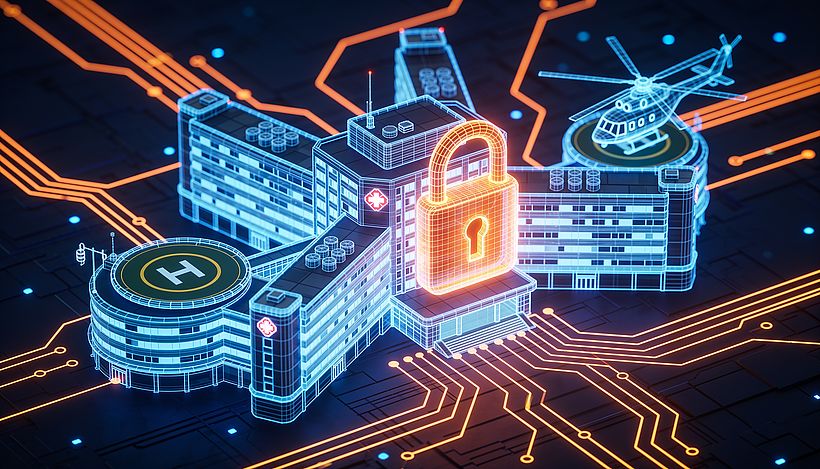 Isometric medical center with cyber orange lock shield, holographic blue wireframe clinic buildings and rooftop helipad on dark navy, healthcare patient data security technology illustration