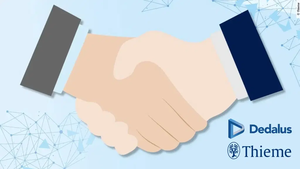 Illustration von Handschlag mit Logos von Thieme und Dedalus HealthCare unten rechts