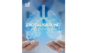 Schriftzug "Digitalisierung in der Pneumologie" über digitalem Bild von Lunge, im Hintergrund Arzt, der Hände unterhalb des Lungen-Bildes hält 