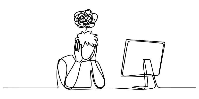 Stressed person working on a computer drawing with a messy mind doodle above head in a continuous line art style Vector, illustration