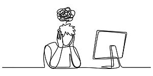Stressed person working on a computer drawing with a messy mind doodle above head in a continuous line art style Vector, illustration