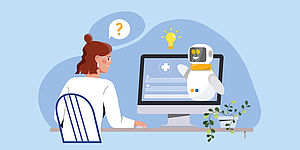Illustration einer Frau vor Computerbildschirm, aus dem ein Chatbot herausschaut