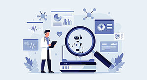 Flat vector depicts a Doctor searching and analyzing medical data with the help of AI robot technology on a magnifying glass. AI technology for medical solutions in diagnosis, treatment, medication