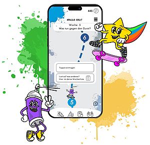 Ansicht der App auf Handy mit Comic-Figuren am Rand