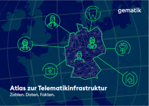 Illustration zeigt Deutschlandkarte mit verschiedenen Icons darauf verteilt von Patient:innen, Ärzt:innen, Krankenhaus, Apotheke, Zahnmedizin, Krankenakte etc.