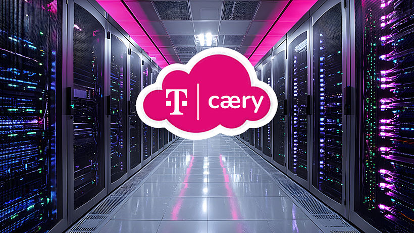 Serverraum mit illustrierter magentafarbigen Wolke, in der die Logos von Telekom und carey stehen