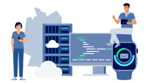 Illustration von gematik mit Frau, die Handy in der Hand hält und Mann, der auf Smartwatch sitzt mit Deutschland-Landkarte, Server und Bildschirm zwischen ihnen