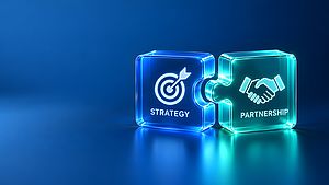 Two glowing glass puzzle pieces fitting together with strategy and partnership icons. Concept of successful business collaboration and corporate alliance.