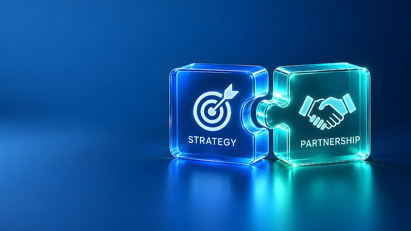 Two glowing glass puzzle pieces fitting together with strategy and partnership icons. Concept of successful business collaboration and corporate alliance.