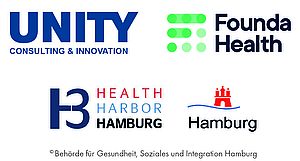 Logos von UNITY, Founda Health, Health Harbor Hambug, Stadt Hamburg