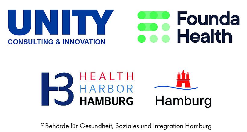Logos von UNITY, Founda Health, Health Harbor Hambug, Stadt Hamburg