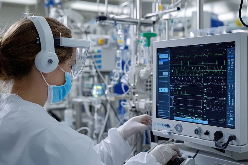 A biomedical engineer testing the functionality of an advanced medical device in a clinical lab setting, surrounded by medical tools, electronic, and scientific equipment for health diagnostics. Heruntergeladen A biomedical engineer testing the functionality of an advanced medical device in a clinical lab setting, surrounded by medical tools, electronic, and scientific equipment for health diagnostics.