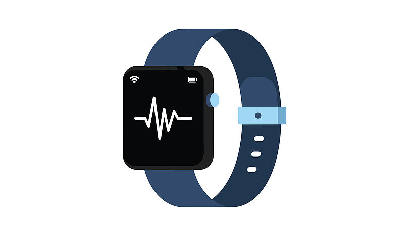 Modern dark blue smartwatch showing a white heartbeat pulse line on its screen on a white background.