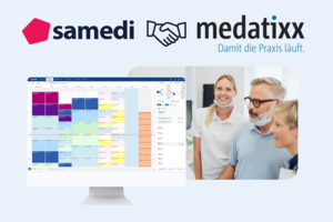 Logos von samedi und medatixx, darunter Screen mit Terminübersicht und daneben Foto eines Ärzteteams (zwei Frauen und ein Mann)