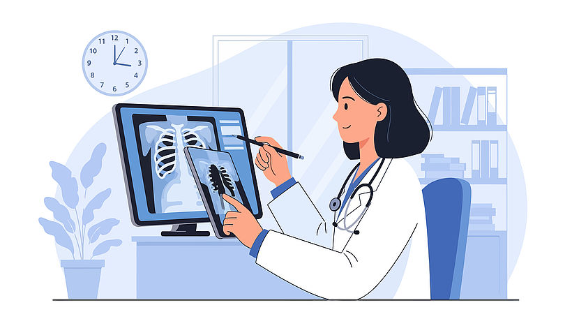 Illustration von Ärztin vor Computer-Screen mit Radiolgie-Bildern darauf