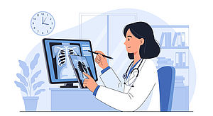 Illustration von Ärztin vor Computer-Screen mit Radiolgie-Bildern darauf