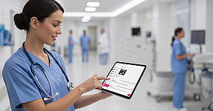 Krankenpflegerin in Klinikflur mit Tablet, auf Screen der TI-Messenger von Deutsche Telekom