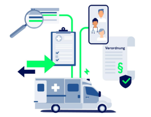 Illustrative Darstellung von Prozess mit Icons zu Internetsuche, Handyscreen, Verordnung, Akte und Krankenhaustransport-Fahrzeug