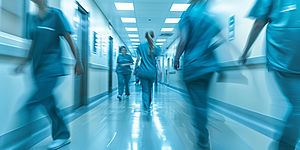 Pflegekräfte und medizinisches Personal in Krankenhausflur