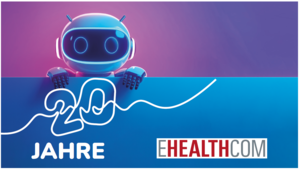 Bild mit Roboter, der über eine Wand schaut mit Schriftzug "20 Jahre E-HEALTH-COM"