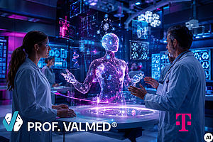 KI-erzeugtes Bild mit Ärzt:innen, die um Hologram-Person stehen mit Logos am unteren Bildrand von Prof. Valmed und Telekom