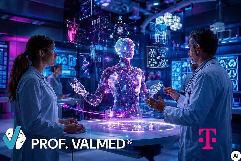 KI-erzeugtes Bild mit Ärzt:innen, die um Hologram-Person stehen mit Logos am unteren Bildrand von Prof. Valmed und Telekom