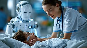 Robot Nurse and Patient Care: A nurse gently attends to a patient in a hospital bed, with a sophisticated humanoid robot assisting in the background, symbolizing the future of healthcare.