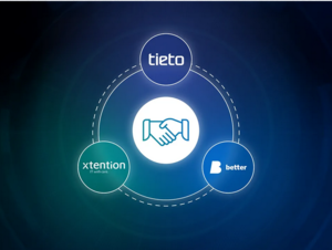 Logos von x-tention, Tieto und Better rund um Illustration eines Handschlags