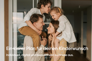 Bild von Frau und Mann mit jeweils Kind auf den Schulter einander zugewandt und dem Schriftzug darunter "Ein klarer Plan für deinen Kinderwunsch"