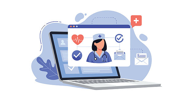 Online medical service or telemedicine concept with a female doctor avatar on a laptop screen surrounded by health check icons.