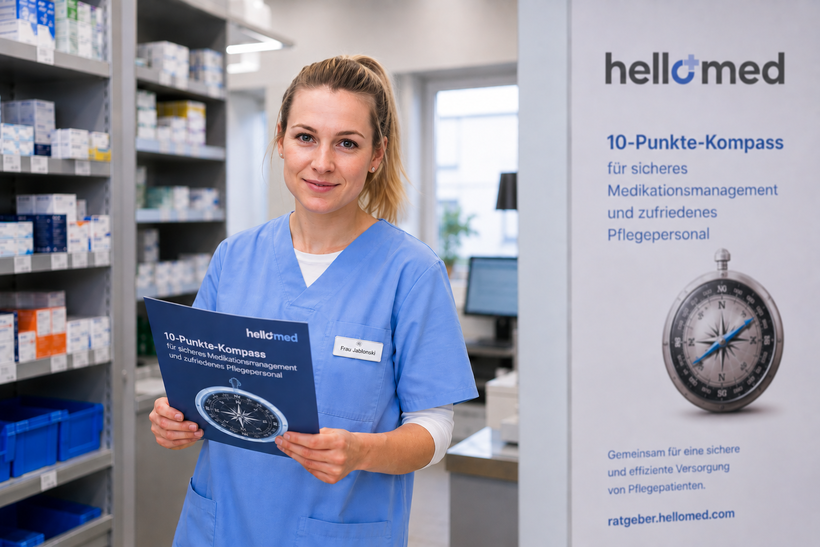 Mit dem 10-Punkte-Kompass von hellomed können ambulante und stationäre Pflegeeinrichtungen ihre Zusammenarbeit mit Arztpraxen und Apotheken systematisch überprüfen und Schwachstellen auch für die nächste MD-Prüfung frühzeitig erkennen.
