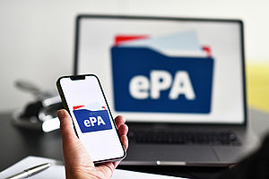Mobile phone with the text ePA, electronic patient file (Elektronische Patientenakte), Symbol for starting the app for electronic patient records in Germany