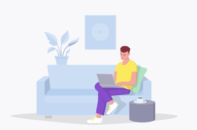 Illustration eines Patienten, der auf Sofa mit geöffnetem Laptop im Schoß sitzt.