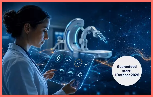 Ärztin schaut auf futuristischen Screen mit diversen Zeichen zu Regulation in der Medizin, im Hintergrund steht futuristischer OP-Roboter